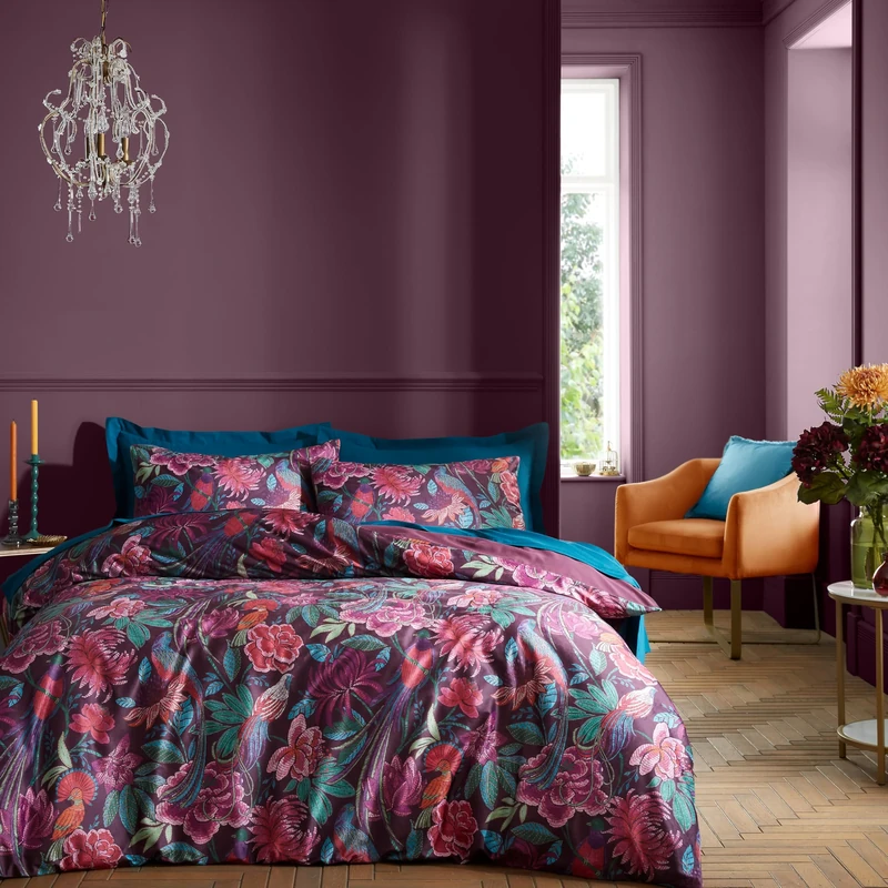 Catherine Lansfield Bridgerton Kate Floral Soft Velvet King Duvet Cover Set with Pillowcases Plum