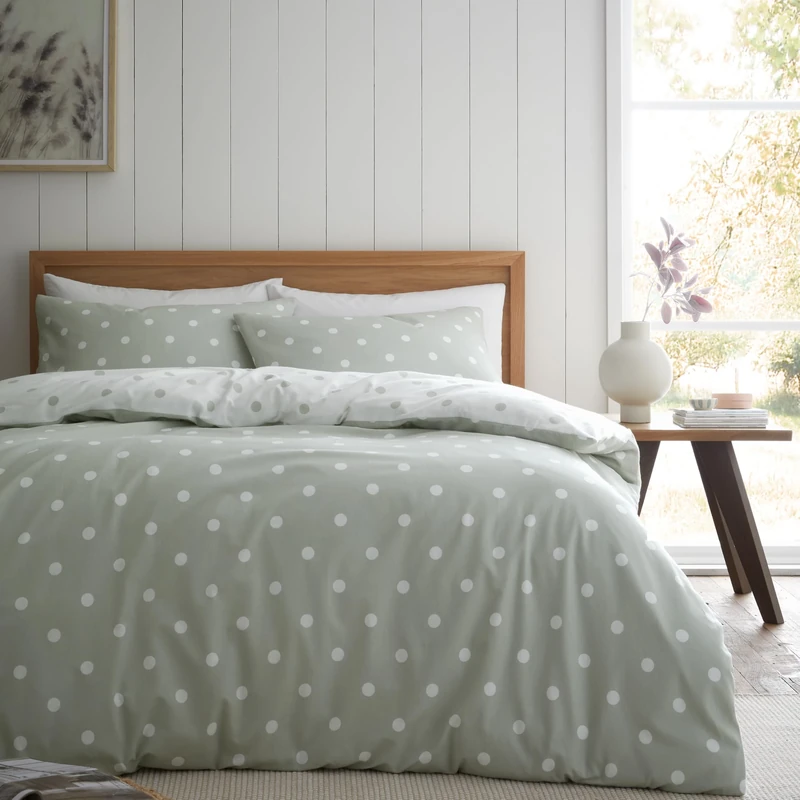 Catherine Lansfield Brushed Polka Dot Cotton Reversible Single Duvet Cover Set with Pillowcase, Green