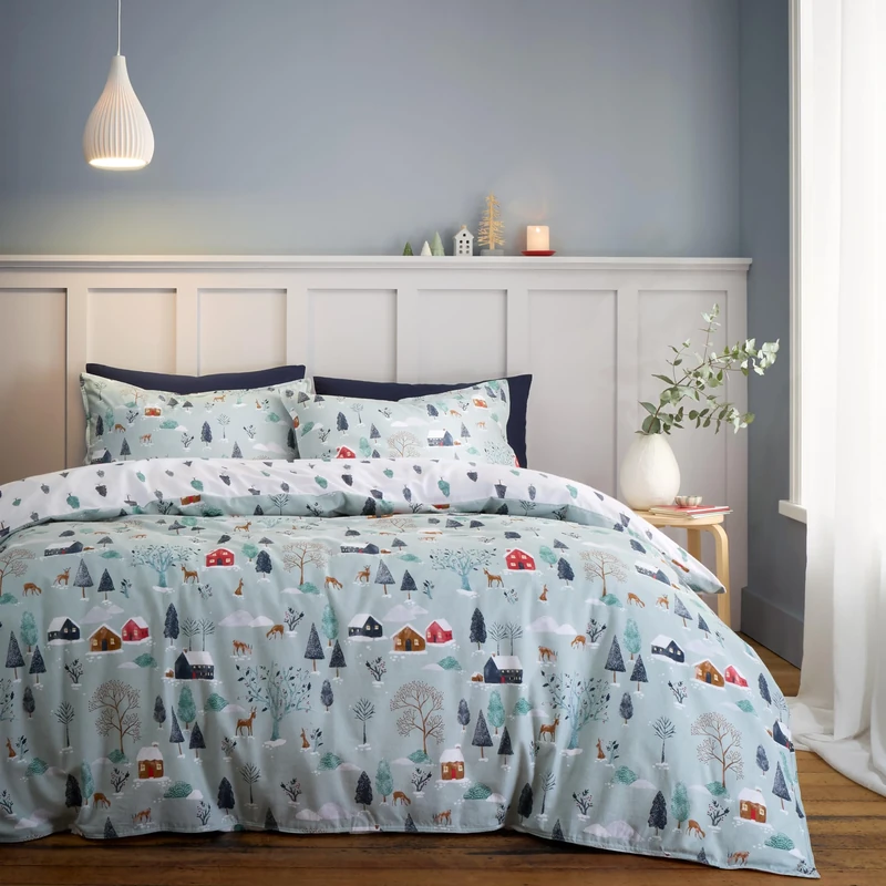 Bianca Brushed Cotton Winter Scene Reversible Super King Duvet Cover Set with Pillowcases, Blue