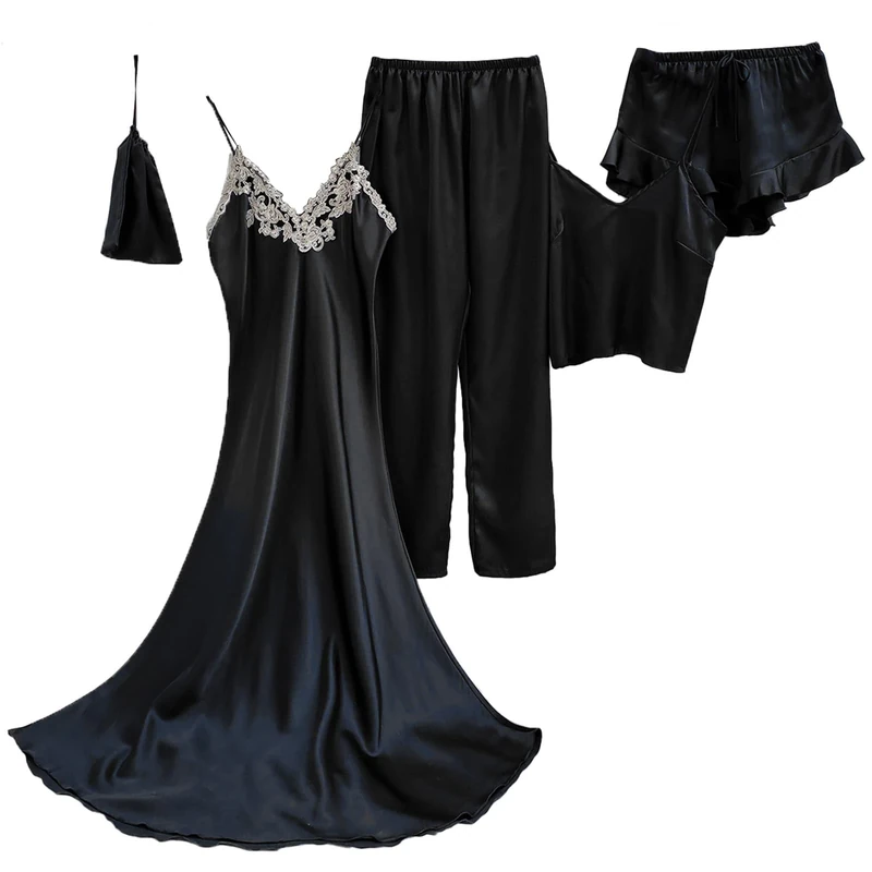 5-Piece Women Summer Nightdresses Satin Sexy Robe Dressing Gown for Women Pajamas Set,Black,XL