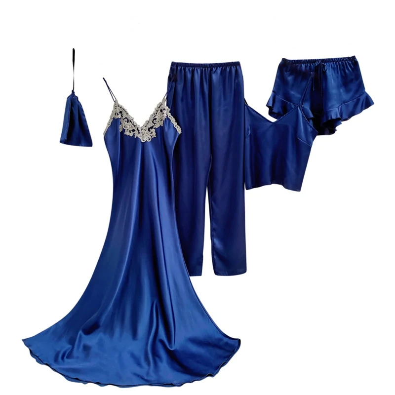 5-Piece Women Summer Nightdresses Satin Sexy Robe Dressing Gown for Women Pajamas Set,Navy,XL
