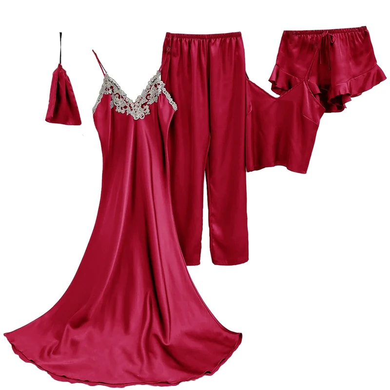 5-Piece Women Summer Nightdresses Satin Sexy Robe Dressing Gown for Women Pajamas Set,Red,XL