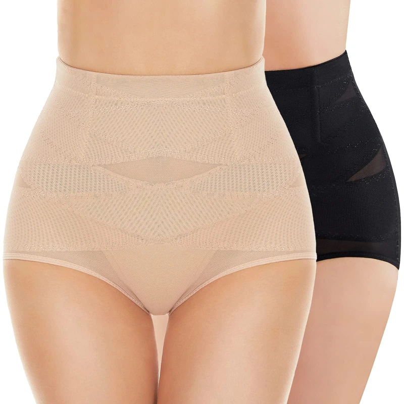 SIMIYA Women Tummy Control Knickers High Waisted Shapewear Slimming Underwear Comfort Body Shaper (L) Beige Black