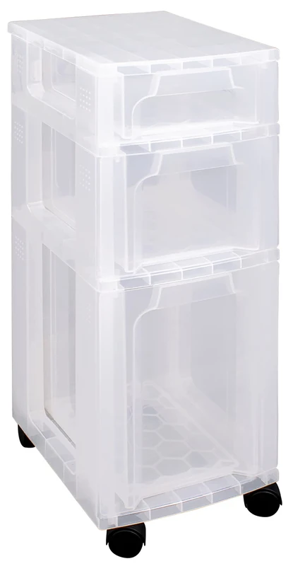 Really Useful Plastic Storage Box Slimline Storage Tower 1x3.5 Litre + 1x6 Litre + 1x11.5 Litre Clear Frame with Drawers