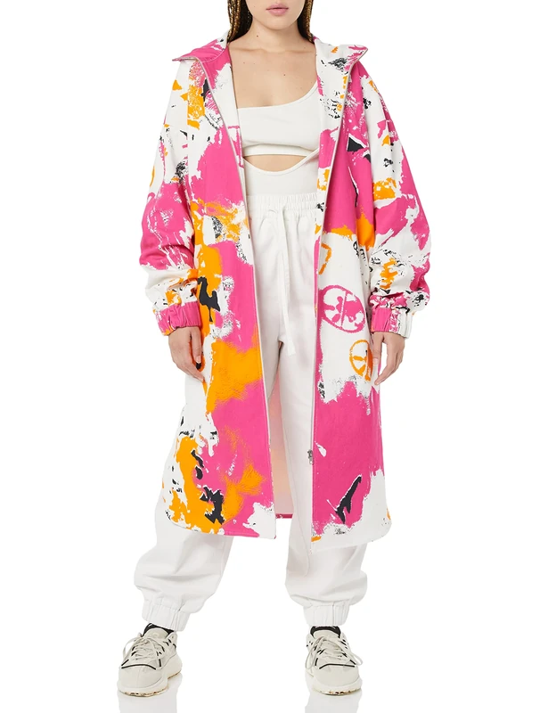 rare/self All-Gender Hooded Zip Front Twill Coat, Abstract Fire Orange Print, 5 - Image 1
