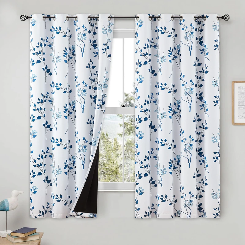 Beauoop Floral 100% Blackout Curtains 63 Inch Length 2 Panels for Bedroom Living Room Navy Blue and White Flower Patterned Room Darkening Thermal Soundproof Grommet Window Treatments Drapes, 52X63