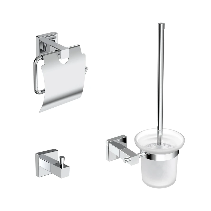 EMKE Towel Holder Sets Bathroom, 3 Pieces Stainless Steel Bathroom Accessory Set Self-Adhesive Wall Mounted Bathroom Accessories Set, Towel Hook Toilet Brush and Toilet Paper Holder with Lid Chrome