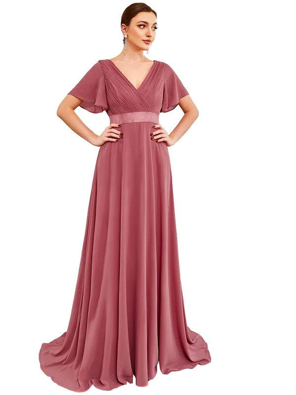 Ever-Pretty Women's Double V-Neck Short Flutter Sleeves Empire Waist Elegant Chiffon Long Bridesmaid Dresses Came Brown 12UK