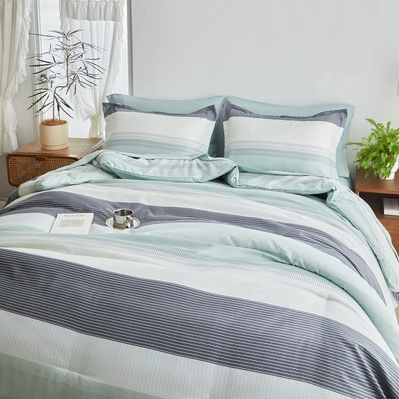 Flysheep Ombre Striped Bedding Bed in a Bag 7 Pieces Queen Size, Grey Green and White Stripes Comforter Sheet Set (1 Comforter, 1 Flat Sheet, 1 Fitted Sheet, 2 Pillow Shams, 2 Pillowcases)