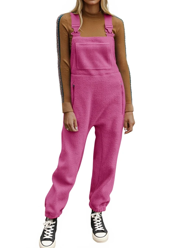 Ebifin Women's Fleece Warm Overalls Winter Loose Casual Jumpsuits with Pockets, Pink, Medium - Image 1