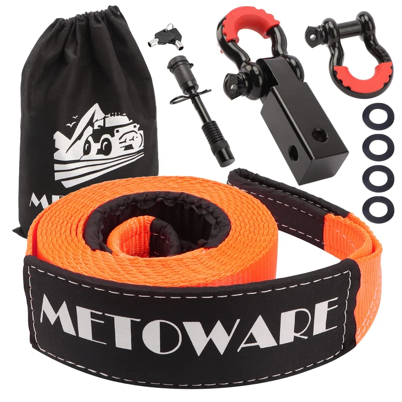 METOWARE Heavy Duty Tow Strap Recovery Kit - 3" x 20ft(35,000lbs) Tree Saver Winch Strap + 3/4" D Ring Shackles(2pcs) +2" Shackle Hitch Receiver + 5/8 Locking Pin + Storage Bag - Truck SUV ATV