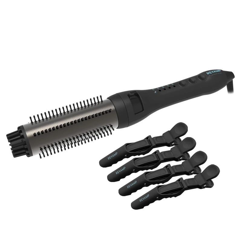 REVAMP Progloss Perfect Finish Curl & Waves Brush + Hair Sectioning Clips - Heated Curling Hairbrush for Curly Hairstyles, Unique Waver and Volumiser, Infused with Keratin, Coconut, Argan Oil - Black