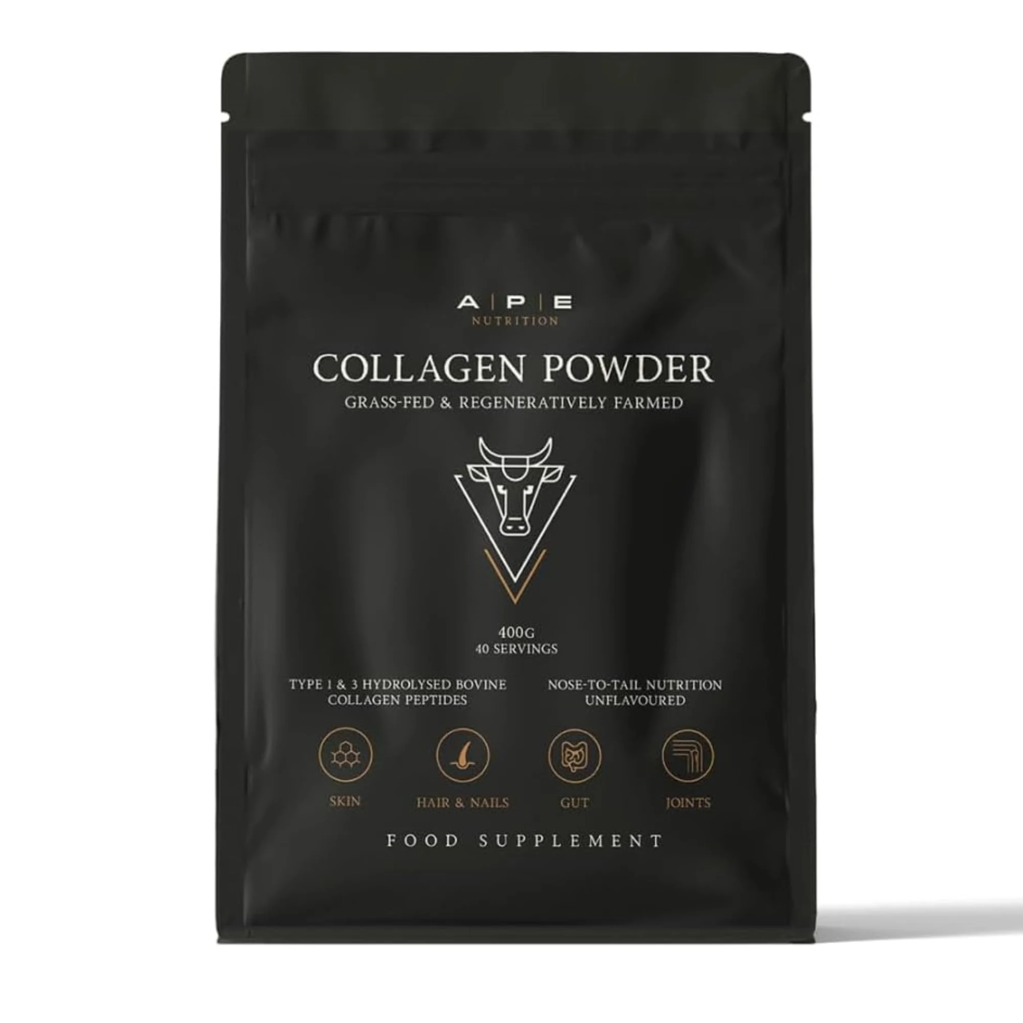 APE Nutrition Collagen Powder Peptides 400g 100% Grass-Fed & Finished Bovine Collagen Type 1 & 3 Ancestral Supplement Unflavoured Improves Hair Skin & Nail Health