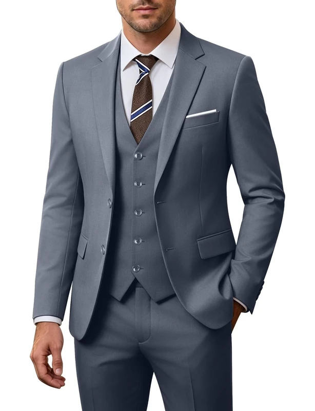 Holivyer Men's 3 Piece Slim Fit Suit Set, Two Button Blazer Solid Jacket Vest Pants Wedding Business Suit, Dark Grey, Medium