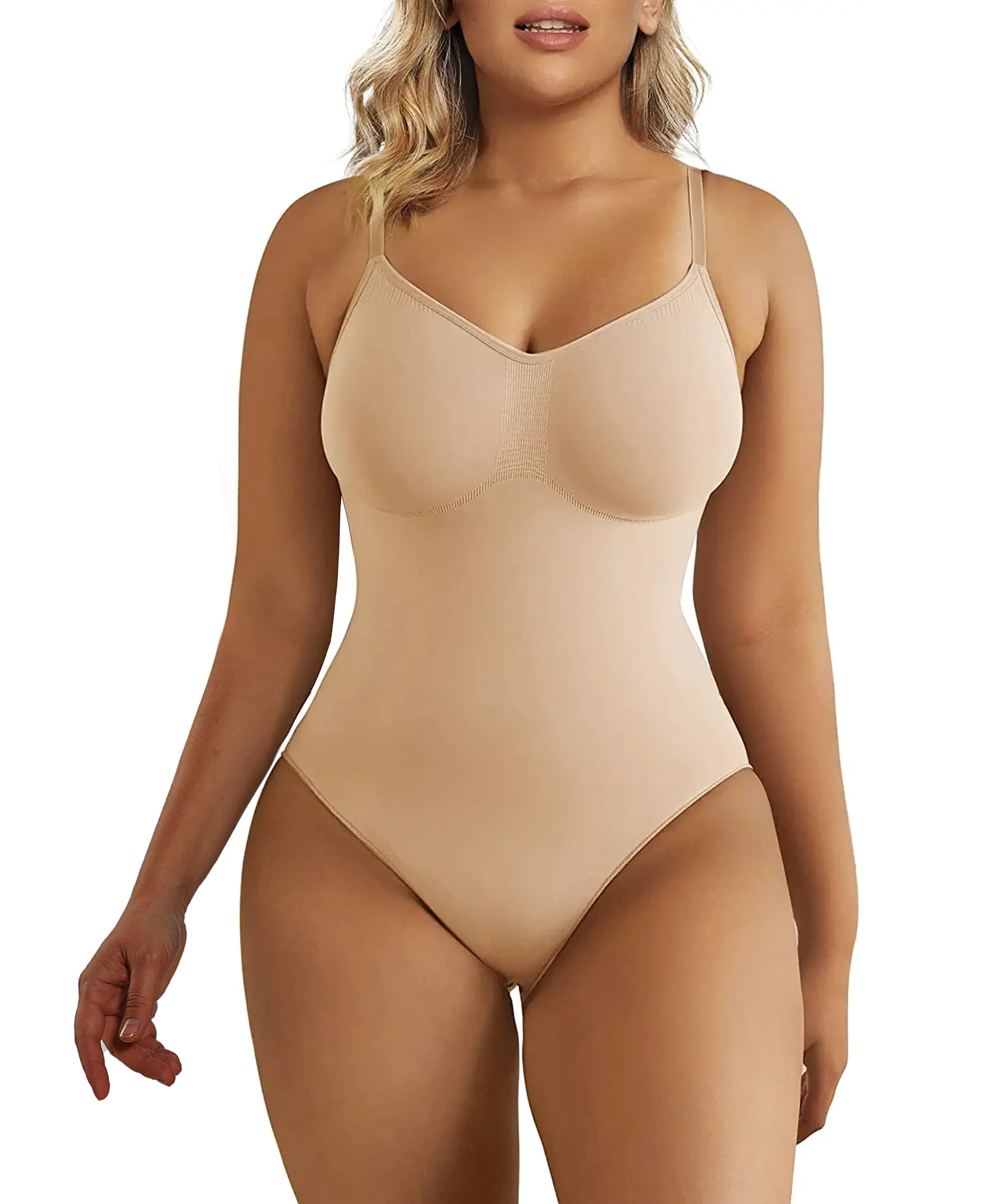 SHAPERX Bodysuit for Women Seamless Body Shaper Tummy Control Shapewear Thong Adjustable Strap, UK-SZ5215-Beige-2XL/3XL