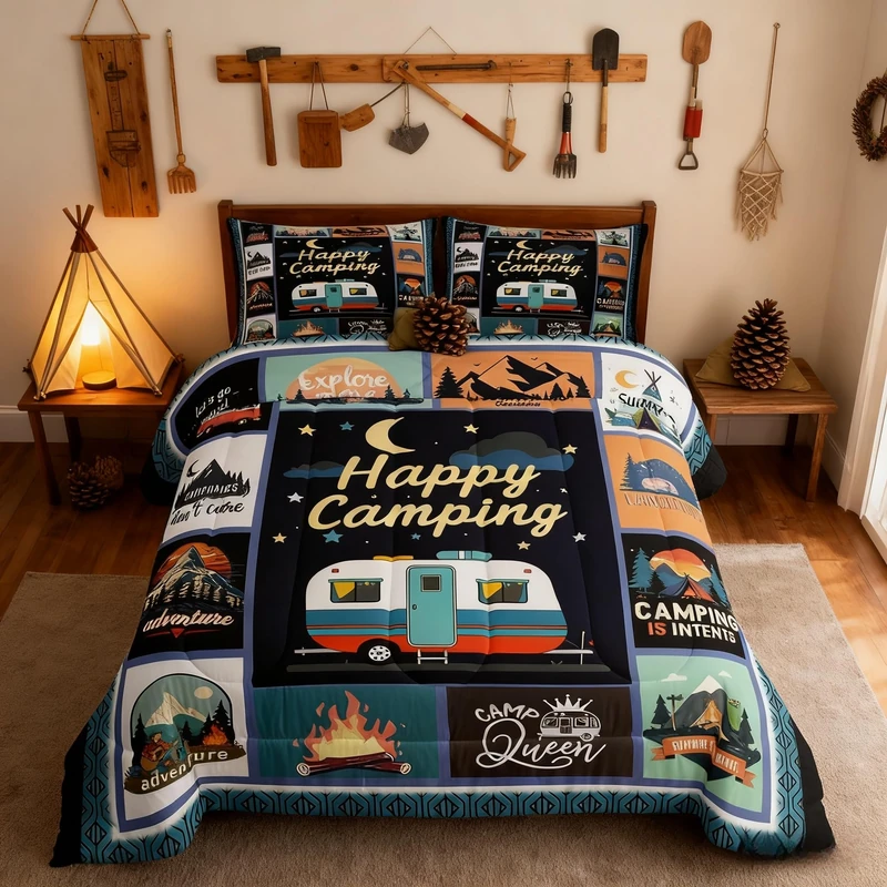 Manfei Camper Happy Camping Comforter Set Queen,Geometric Plaid Patchwork Bedding Set 3pcs for Kids Teens RV Traveler Room Decor,Outdoor Adventure Quilt Set,Rustic Duvet Insert with 2 Pillowcases