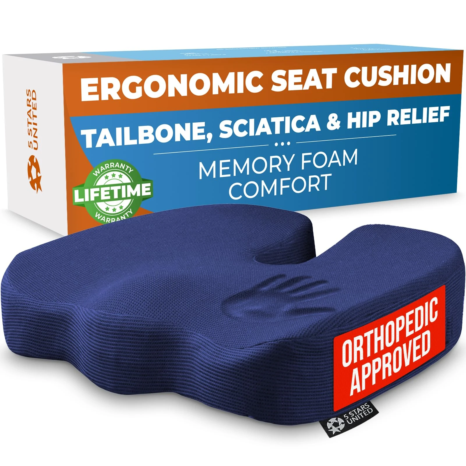 5 STARS UNITED Seat Cushion for Tailbone Pain Relief – Memory Foam Cushion for Coccyx, Hip, Sciatica & Post-Surgery Recovery – Wheelchair, Car, Desk, Gaming & Office Chairs, Dark Blue