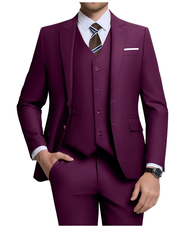 Holivyer Men's 3 Piece Slim Fit Suit Set, Two Button Blazer Solid Jacket Vest Pants Wedding Business Suit, Plum, Small