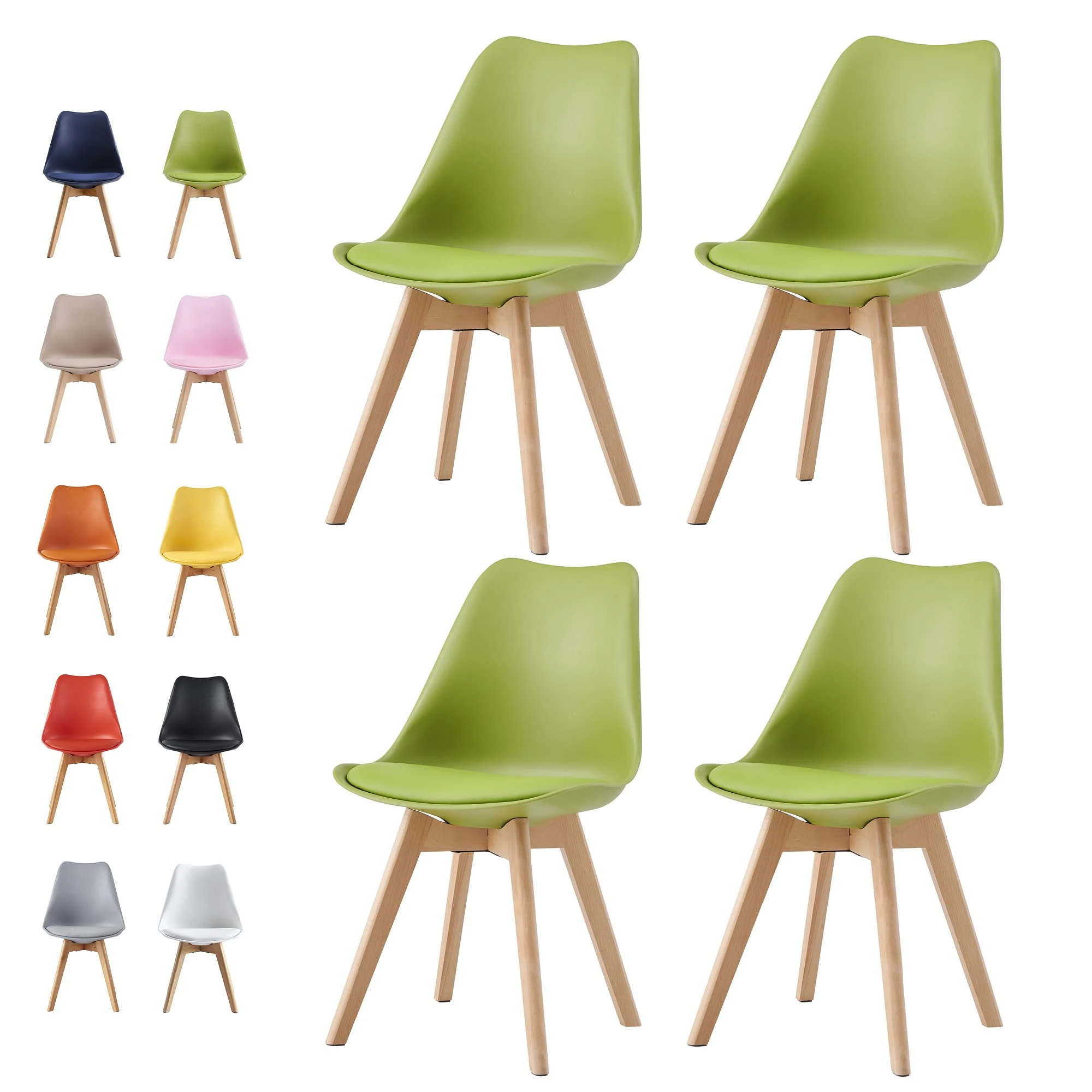 mcc direct Set of 4 Dining Chairs Wooden Legs Soft Cushion Pad Stylish DELUXE Retro Lounge Dining Office EVA (Green)