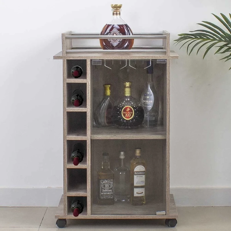 BAKAJI Cabinet Corner Bar Floor Shelf Wine Bottle Holder Liquors Wooden Cellar 6 Seats Wine Rack With Rack Holder Goblets Metal Glasses (Tortora)