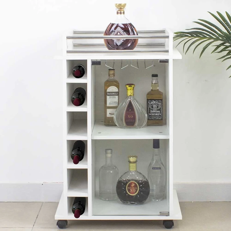 BAKAJI Cabinet Corner Bar Floor Shelf Wine Bottle Holder Liquors Wooden Cellar 6 Seats Bottle Holder With Rack Holder Glass Holder Metal Glasses (White)