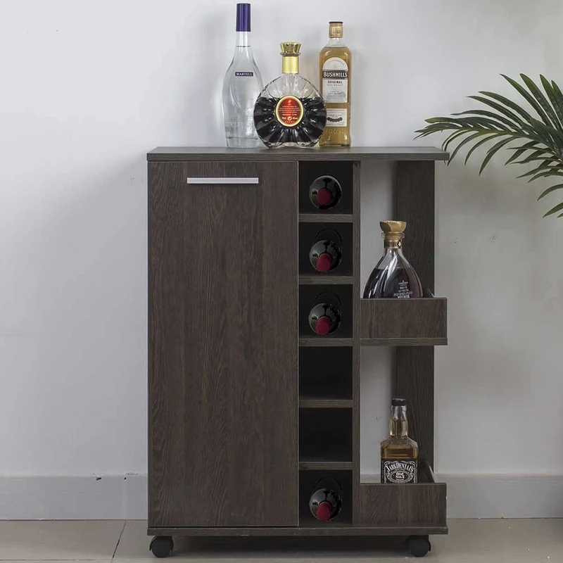 BAKAJI Mobile Corner Bar Cantinetta Floor Shelf Bottle Holder Wine Liquors Wooden Cellar 6 Places Bottle Holder With Door and Handle Metal 2 Side Shelves (Amaretto)