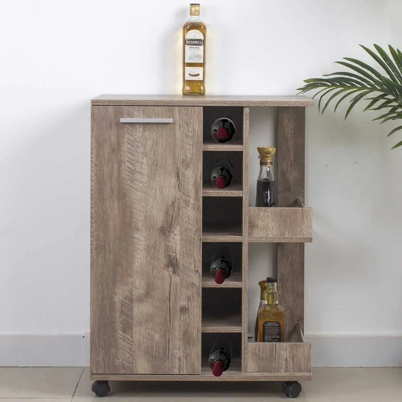 BAKAJI Cabinet Corner Bar Floor Shelf Wine Bottle Holder Liquors Wooden Cellar 6 Seats Bottle Holder With Door and Handle Metal 2 Side Shelves (Taupe)