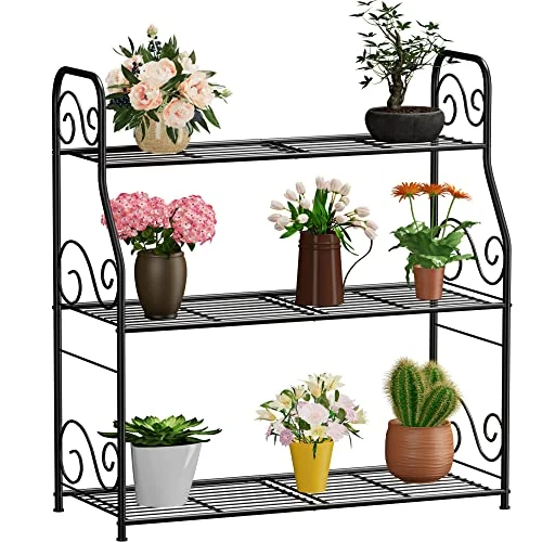 OVICAR Metal Plant Stand Rack - 3 Tier Indoor Outdoor Plant Display Shelf Flower Pot Holder For Garden Patio Balcony Porch Corner Living Room , Multiple Storage Shelf For Home Use