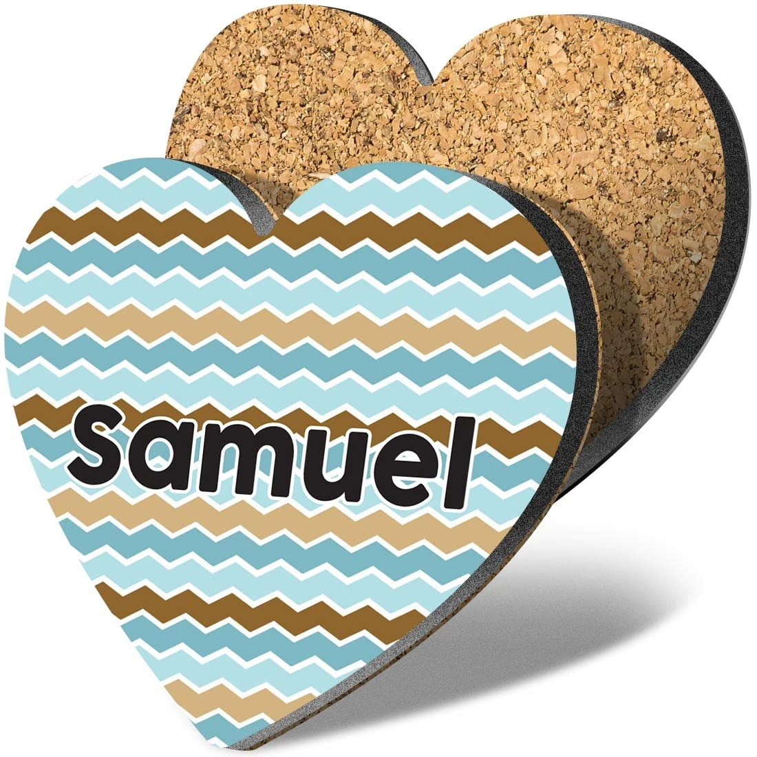 1 x Heart Coaster - Name Samuel Blue Waves Geometry Zigzag Color Letter Lettering Initial Cork Backed MDF Glossy Tea Coffee Accessory #254077