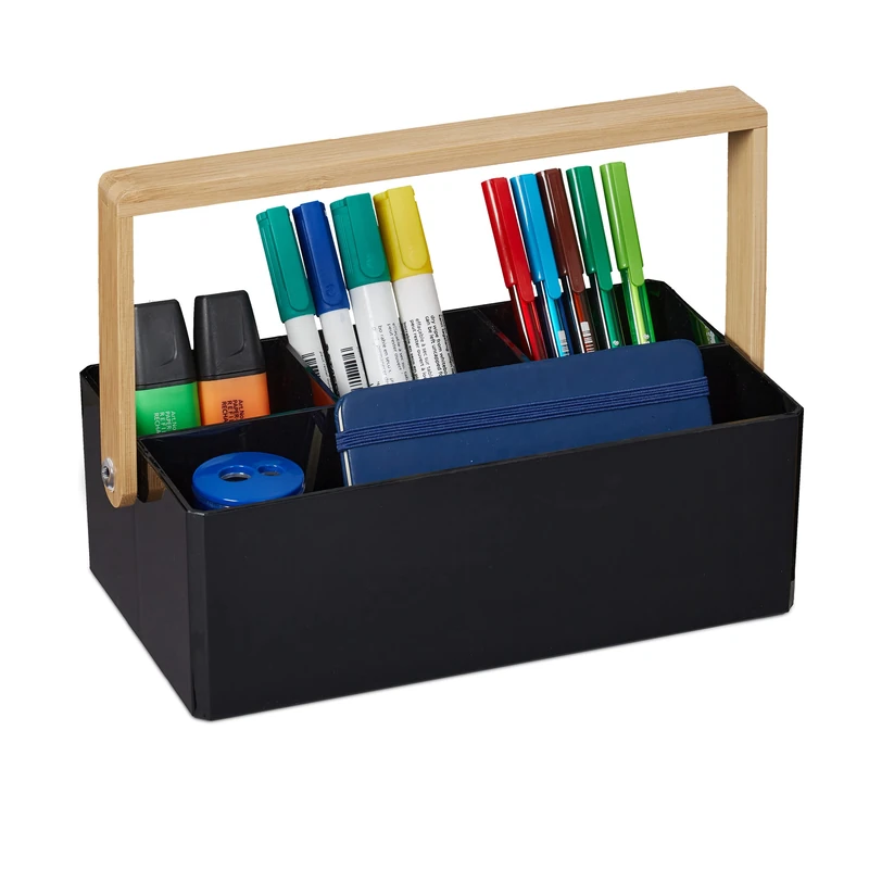 Relaxdays Organiser, Carrying Handle, 4 Compartments, Storage, Bamboo, Plastic, H x W x D; 8.5 x 26 x 16 cm, Black