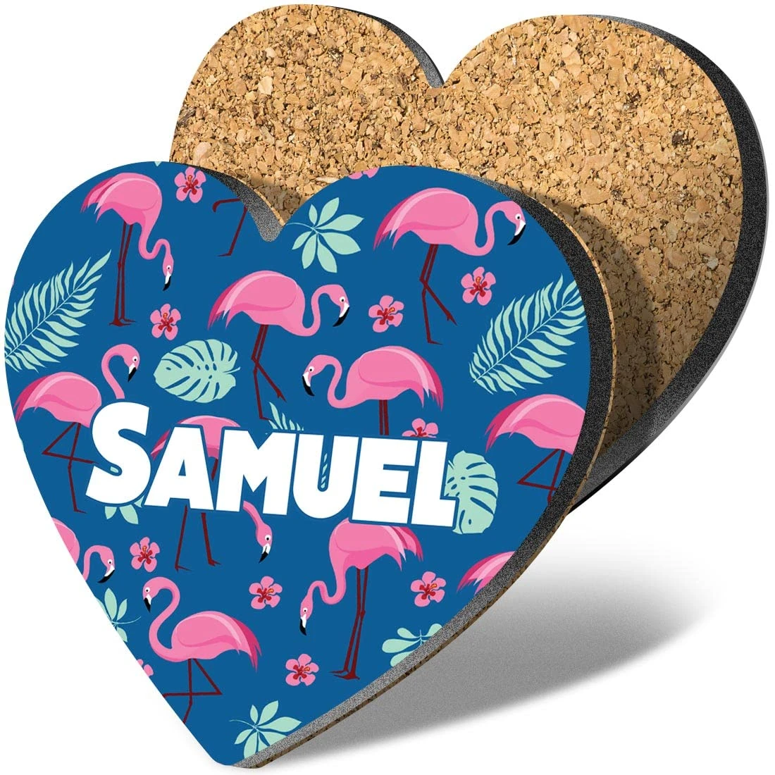 1 x Heart Coaster - Name Samuel Tropic Flamingo Palm Flower Letter Lettering Initial Cork Backed MDF Glossy Tea Coffee Accessory #256866