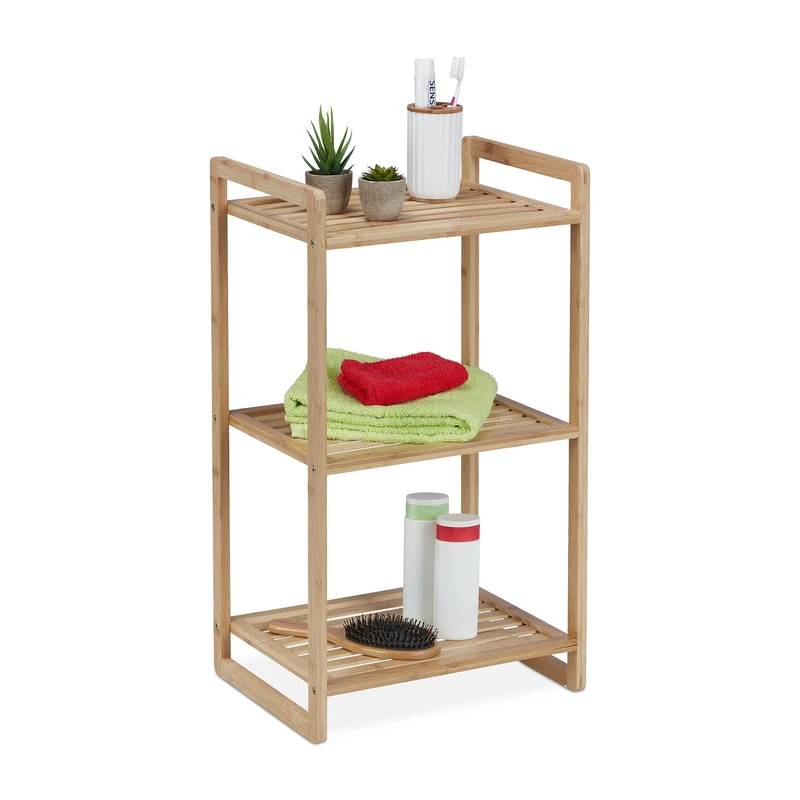 Relaxdays Bamboo Shelf, HxWxD: 70 x 40 x 30 cm, Free-Standing, with 3 Tiers, Bathroom, Kitchen, Living room, Natural