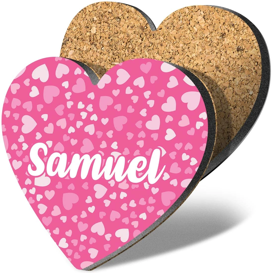 1 x Heart Coaster - Name Samuel Pink Hearts Love Letter Lettering Initial Cork Backed MDF Glossy Tea Coffee Accessory #268022