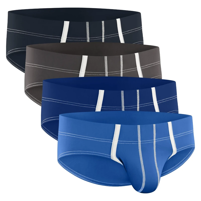 Bulge Enhancing Pouch Underwear for Men – 4 Ice Silk Mens Sports Briefs with Size B Pouch – Sexy Mens Underwear by Real Men, Blue/Grey/Dark Blue/Dark Grey, M