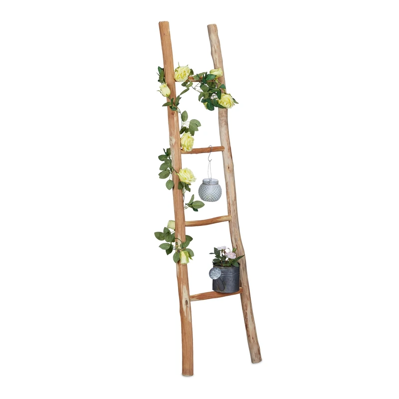 Relaxdays Decorative Ladder, 150 cm Tall, Garden Decor, 4 Rungs, Chestnut Wood, Handmade, Towel & Clothing Rack, Natural