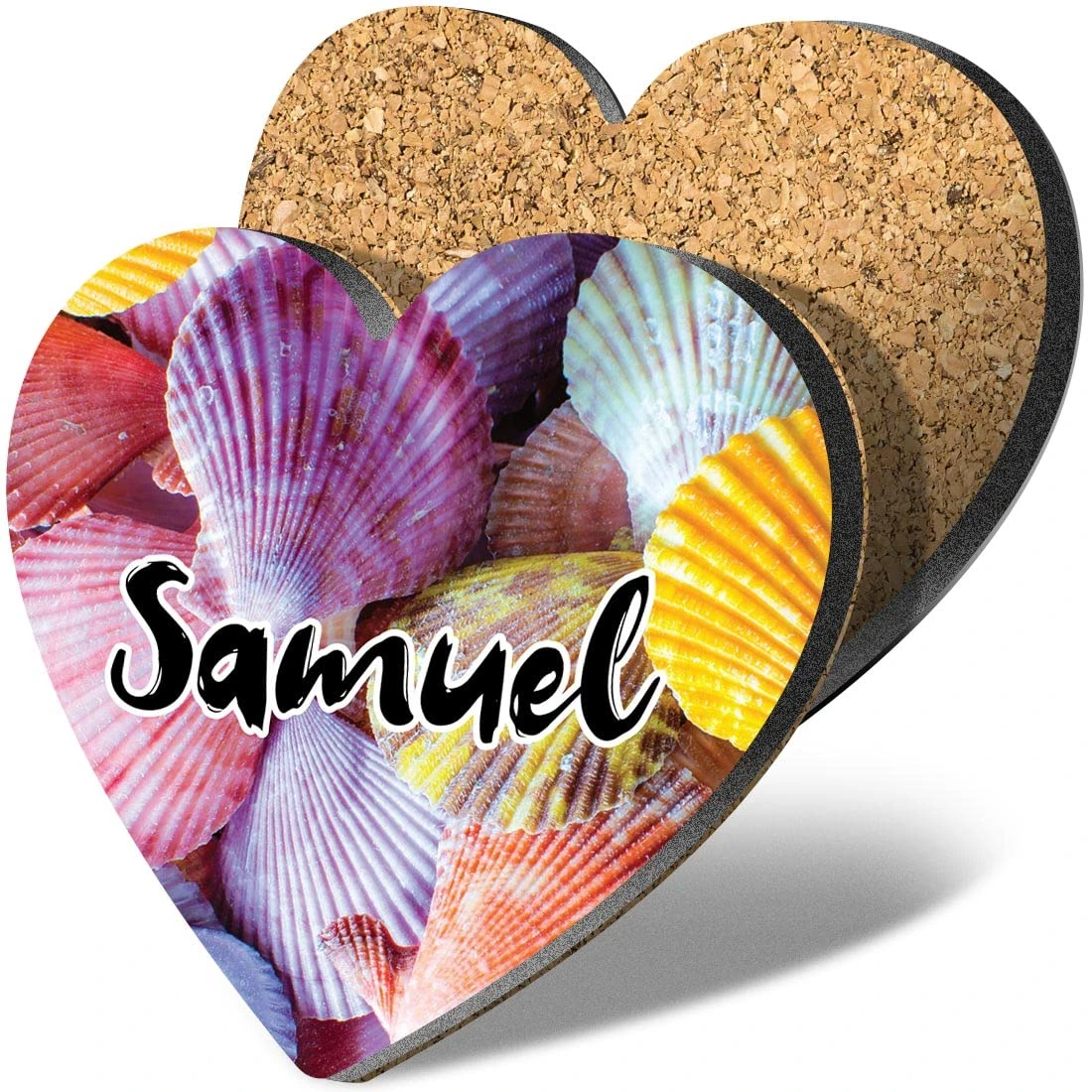 1 x Heart Coaster - Name Samuel Sea Shells Letter Lettering Initial Cork Backed MDF Glossy Tea Coffee Accessory #265233