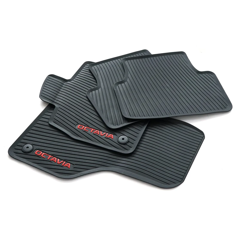 Skoda 5E4061500B Floor Mats All-Weather Rubber Mats Black with Red Octavia Lettering, Not for Mild-Hybrid