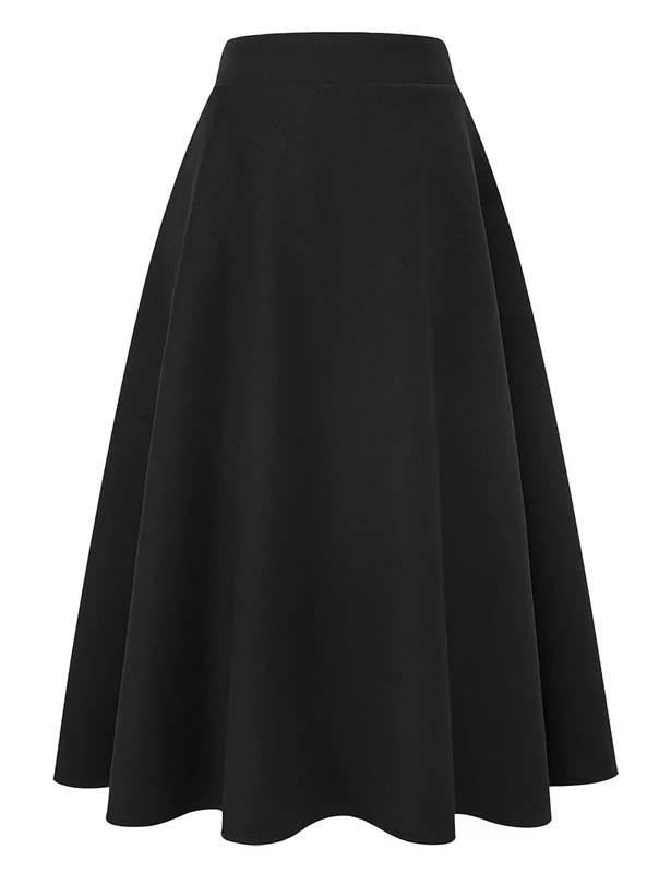 IDEALSANXUN Womens High Elastic Waist Maxi Skirt A-line Plaid Winter Warm Flare Long Skirts, Long Pure Black, 3XL