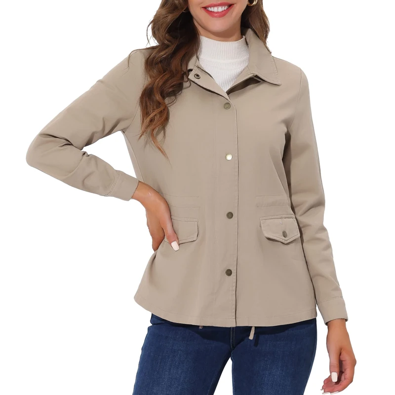 Allegra K Women's Drawstring Waist Flap Pockets Lightweight Utility Safari Jacket, Light Khaki, L