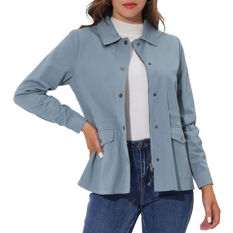 Allegra K Women's Drawstring Waist Flap Pockets Lightweight Utility Safari Jacket, Grey Blue, M - Image 1