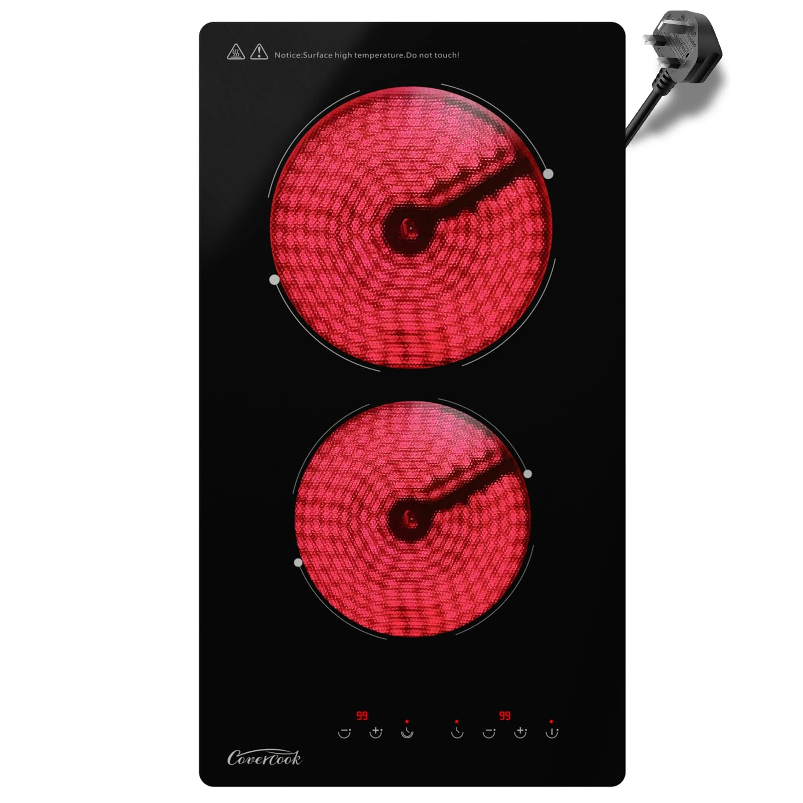 COVERCOOK Plug in Ceramic Hob 2 Zone, Built-in Electric Hob 30cm with Touch Control, Domino Portable Electric Ceramic Hob 2 Ring, 2900W, 9 Power Levels, Timer, Residual Heat Indicator, Black
