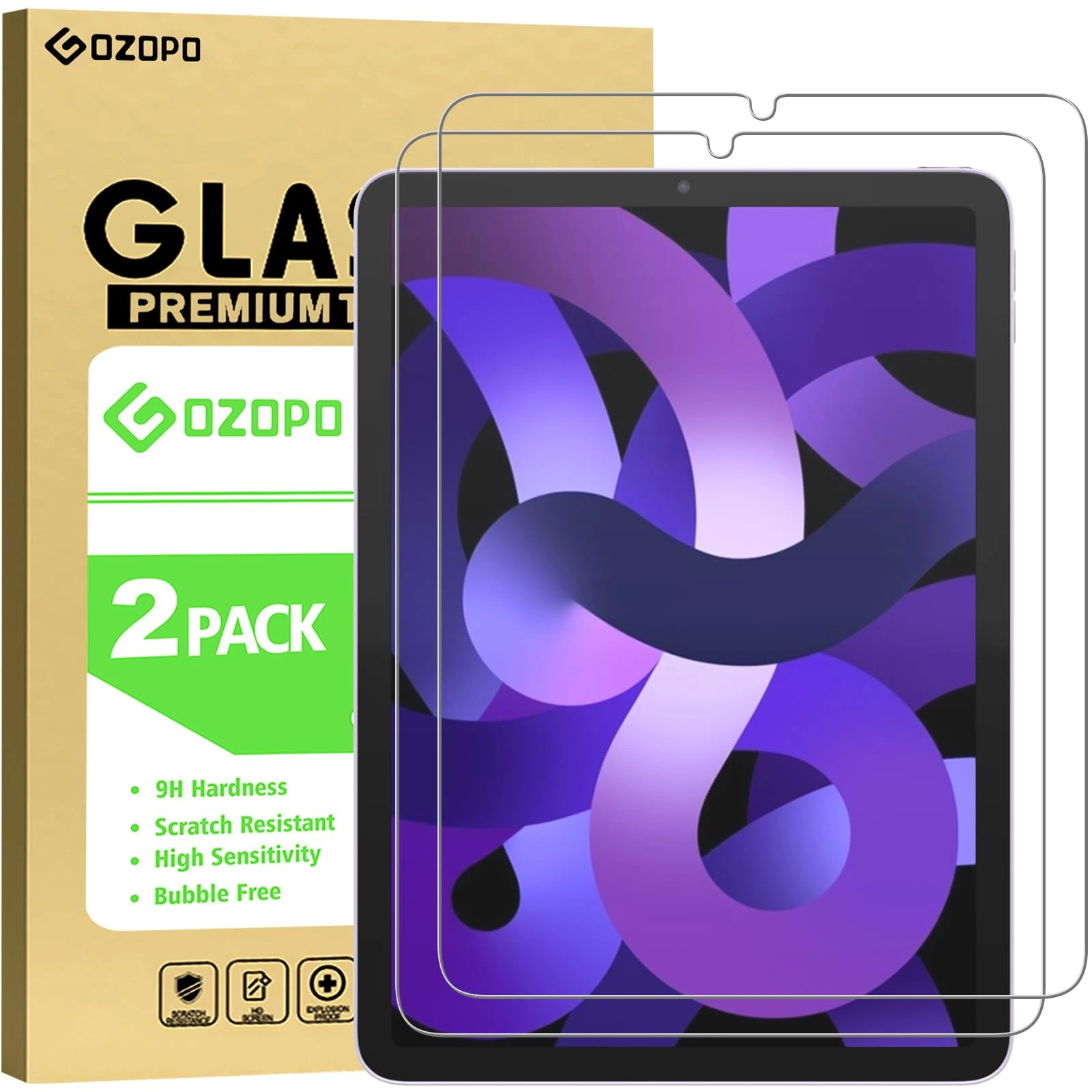 GOZOPO [2-Pack] Screen Protector for iPad Air 2022 (iPad Air 5th Generation), Tempered Glass Film - ipad air 5th/4th Generation (10.9-Inch, 2022/2020 Model)