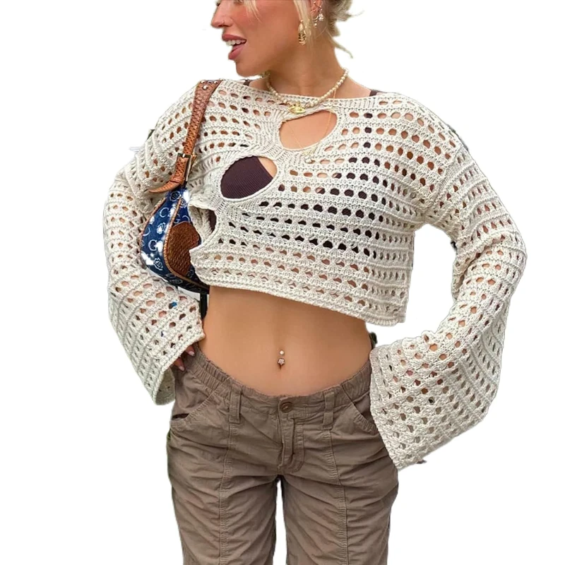 ZZLBUF Women's Hollow Out Crochet Knit Sweater Crop Tops Long Sleeve Sweater Cropped Jumper Cover Up Pullover Tops Y2K Streetwear (01-Beige,S) - Image 1