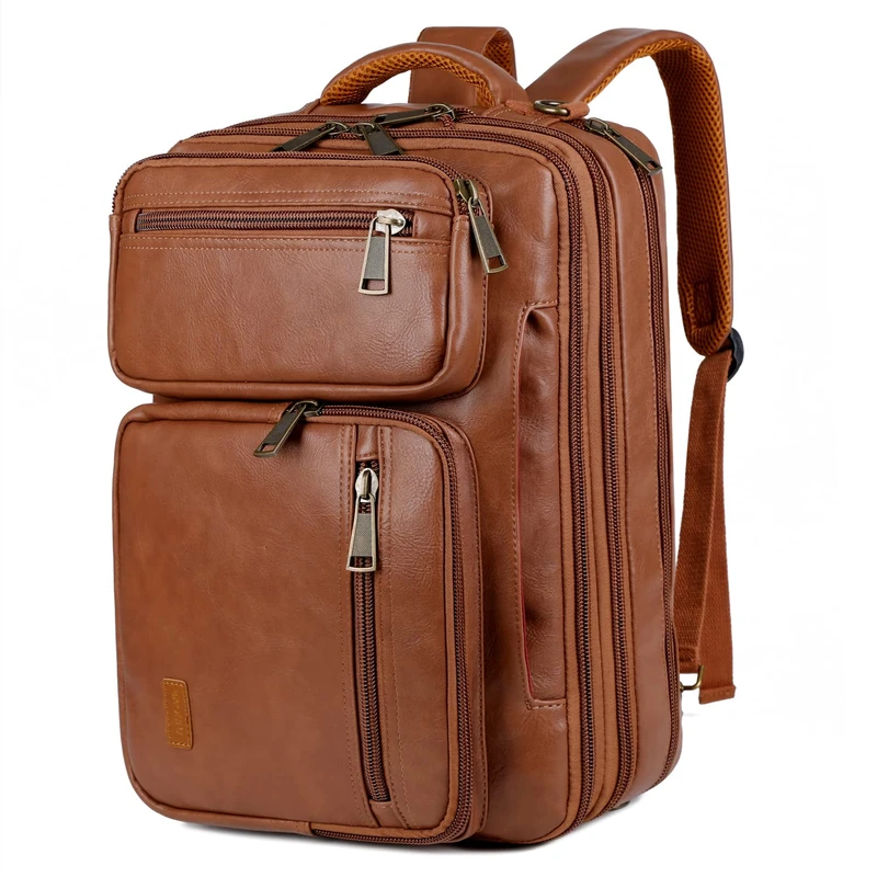 Vegan Leather Laptop Backpack Briefcase Hybrid 15.6 Inch Laptop Travel Backpack Hiking College Backpack for Men BC-04, Brown, L, Travel Backpack