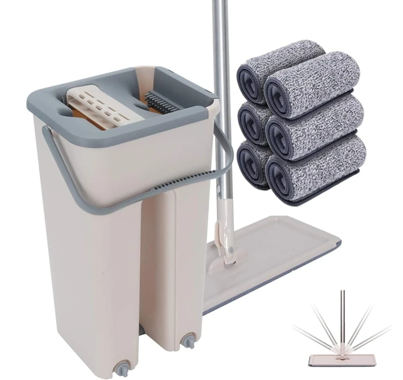 SWISSPACK Floor Mop and Bucket Set − Easy and Simple Squeeze Mop Bucket, Flat Mop with Multi -Pack Replacement Machine Washable Microfibre Mop Pads for All Floors Types (37cms x 31 cms, 6, Pads)