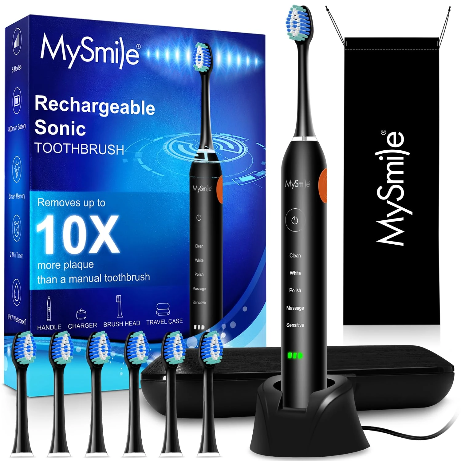 MySmile UC605 Electric Toothbrush for Adults, Rechargeable Sonic Electronic Toothbrush with 6 Brush Heads and Travel Case, 5 Modes 2 Mins Smart Timer, 48000VPM 10X Powerful