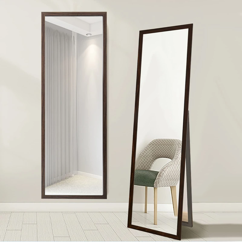 Full Length Mirrors, Standing Mirror with Brown Frame for Hanging and Floor Standing, Large Full Body Mirror Decorative Mirror for Bedroom Living Room Bathroom (40x150cm, Rectangle)