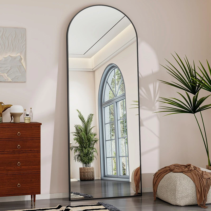 Koonmi 52 x 161 cm Large Arch Mirror Full Length, Big Arched Metal Standing Full Body Floor Mirror for Dressing, Wall Mounted, Leaning for Living Room, Black