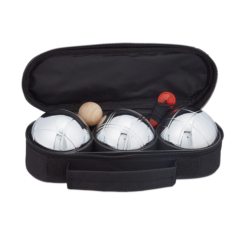 Relaxdays Boule Set, 3 Metal Balls, Includes Jackball & Measuring Tool, Canvas Bag, Bocce Game, Petanque, Silver/Black