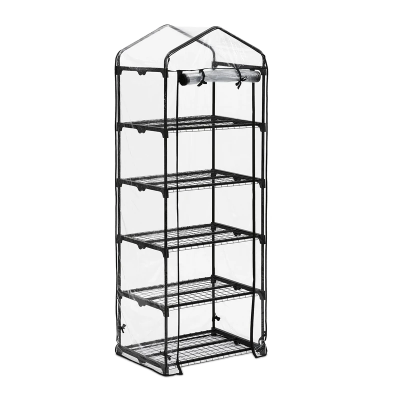 Relaxdays Greenhouse For Balcony, PVC Film, Steel, HxWxD: 192 x 69 x 50 cm, Propagator 5 Levels, Black/Transparent